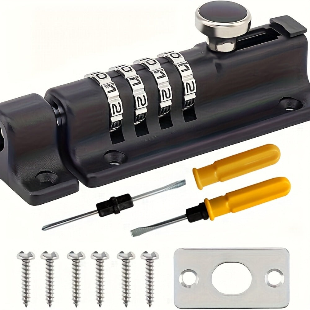 Combination Bolt Lock 4-Digit Heavy Duty Zinc Alloy Sliding Security Lock – Keyless Door Bolt with Screwdriver Set for Shed Gate Fence & Outdoor Doors, Black