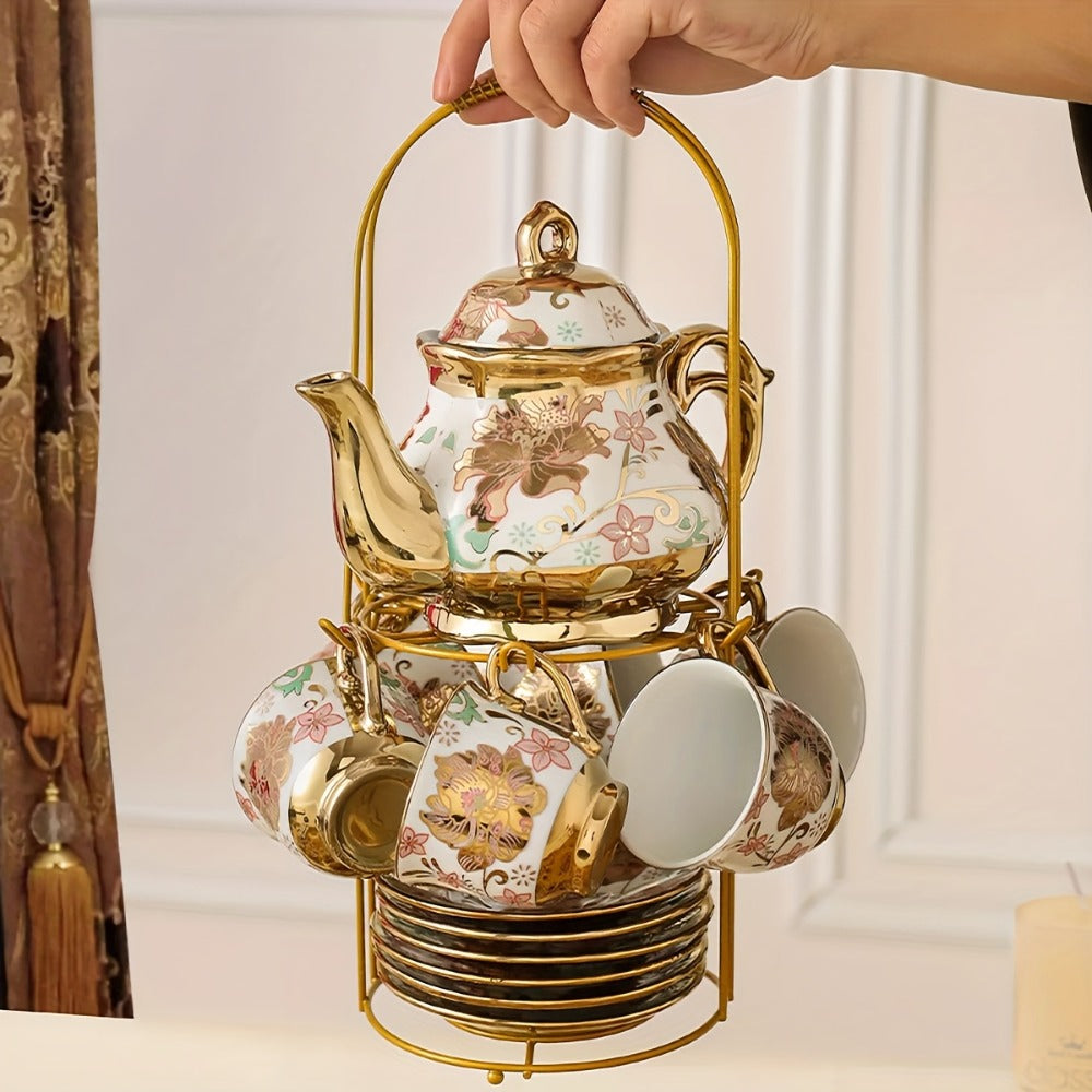 Floral Ceramic Tea Set 20 Pcs – European Porcelain Tea Cups & Saucers with Metal Holder & 15 Oz Teapot – Luxury Arabic Coffee Cup Set for Espresso, Cappuccino & Afternoon Tea – Elegant Gift