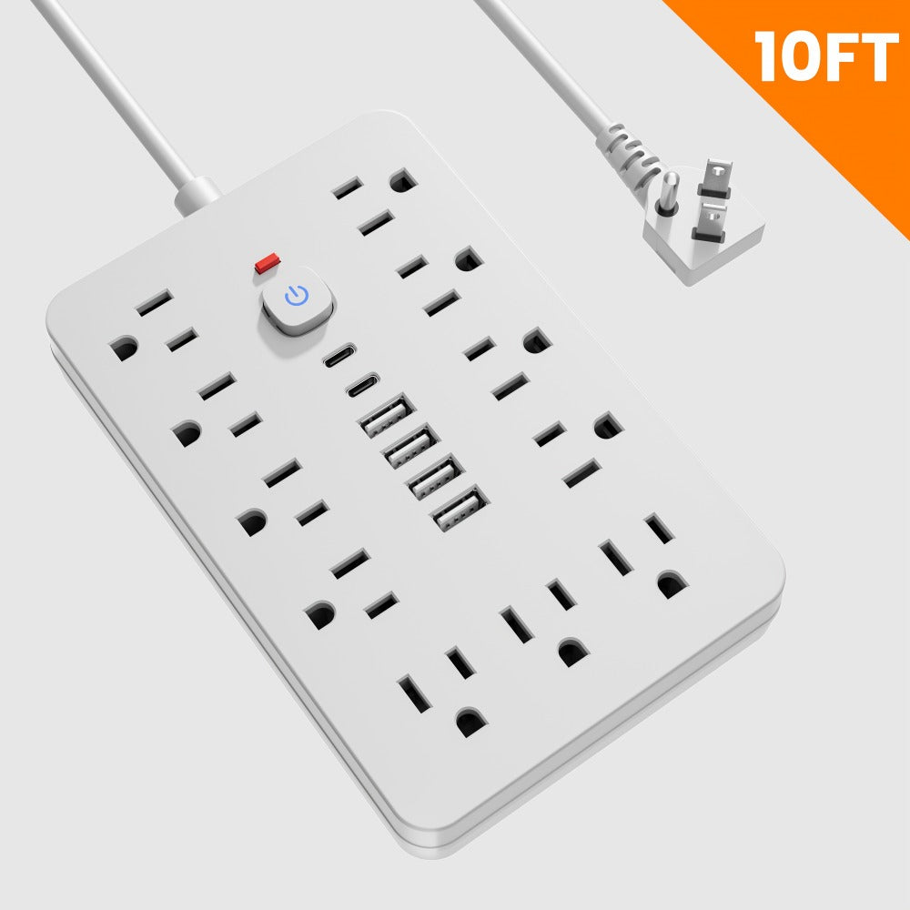 17-in-1 Flat Plug Power Strip with Surge Protector – 11 Spacious AC Outlets & 6 USB Ports (2 USB-C), Overload Protection, Space-Saving Design for Home Office Desk Dorm