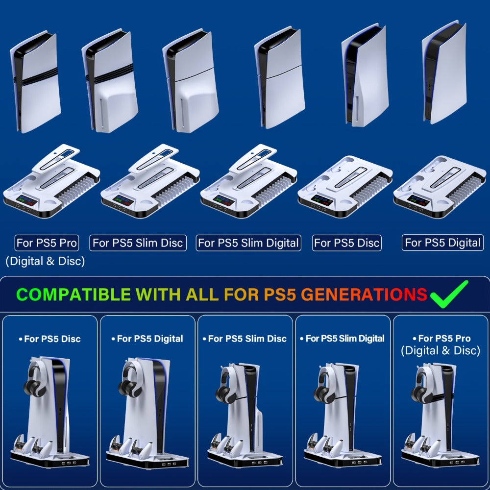 PS5 Cooling Station with USB Hub & Dual Controller Charging Dock for PS5/Slim/Pro, PlayStation 5 Stand Cooler with 3 USB Hubs, Headset Holder, Cooling Fan, Fits Disc & Digital Edition