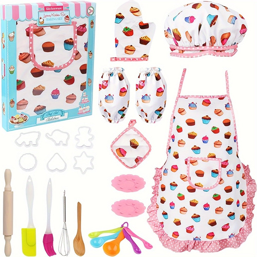 Kids Pretend Baking Set, 24-Piece Chef Hat and Apron with Play Accessories