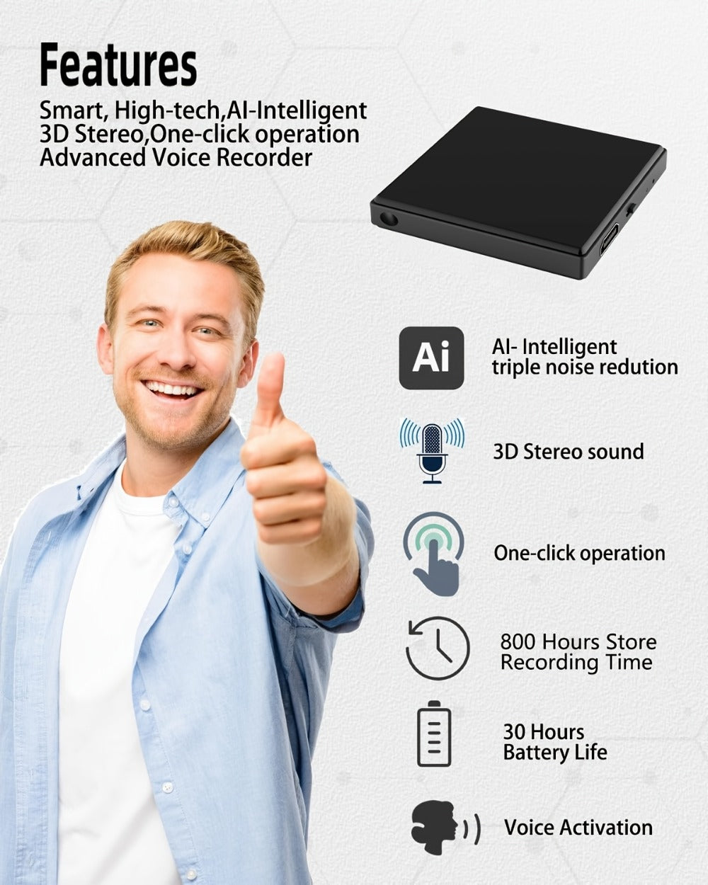 Voice Activated Recorder with AI Noise Reduction, 3072Kbps HD Audio Quality, 64GB Storage Up to 4000 Hours, Magnetic Mini Spy Recorder for Lectures Meetings Interviews Journalists Students