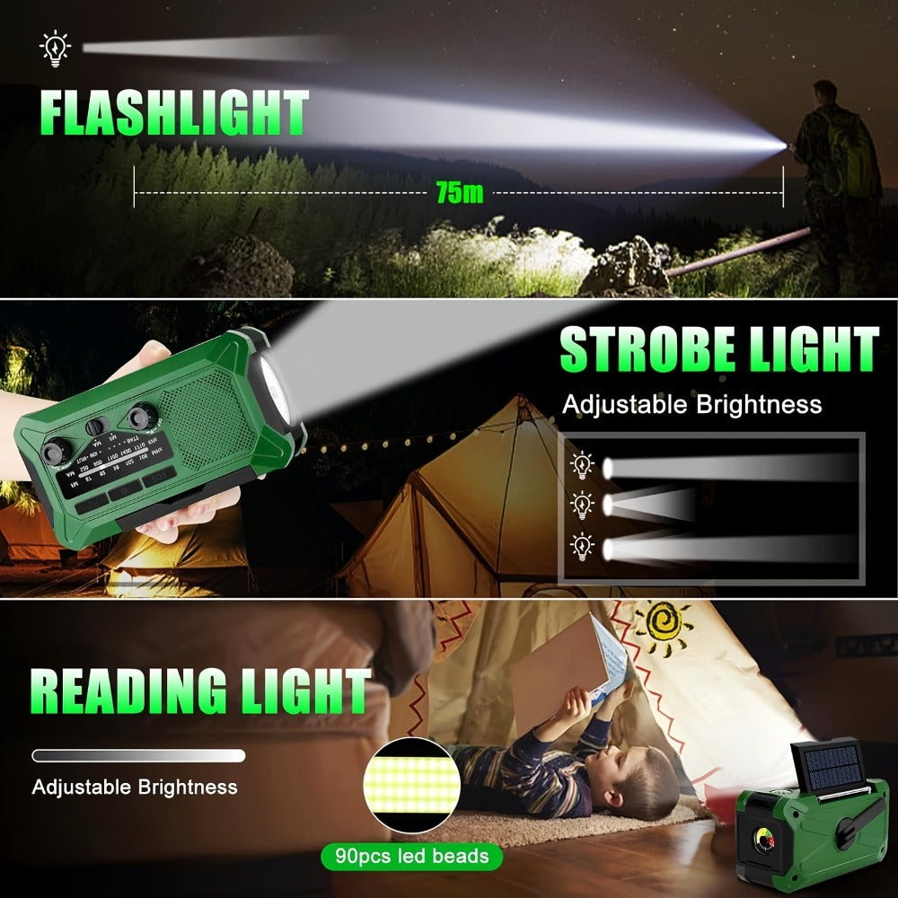 Emergency Radio Hand Crank Solar USB 3-Way Charging AM FM with 10000mAh Power Bank, SOS Alarm, LED Flashlight, Reading Light, Thermometer, Compass for Family Home Survival Kit