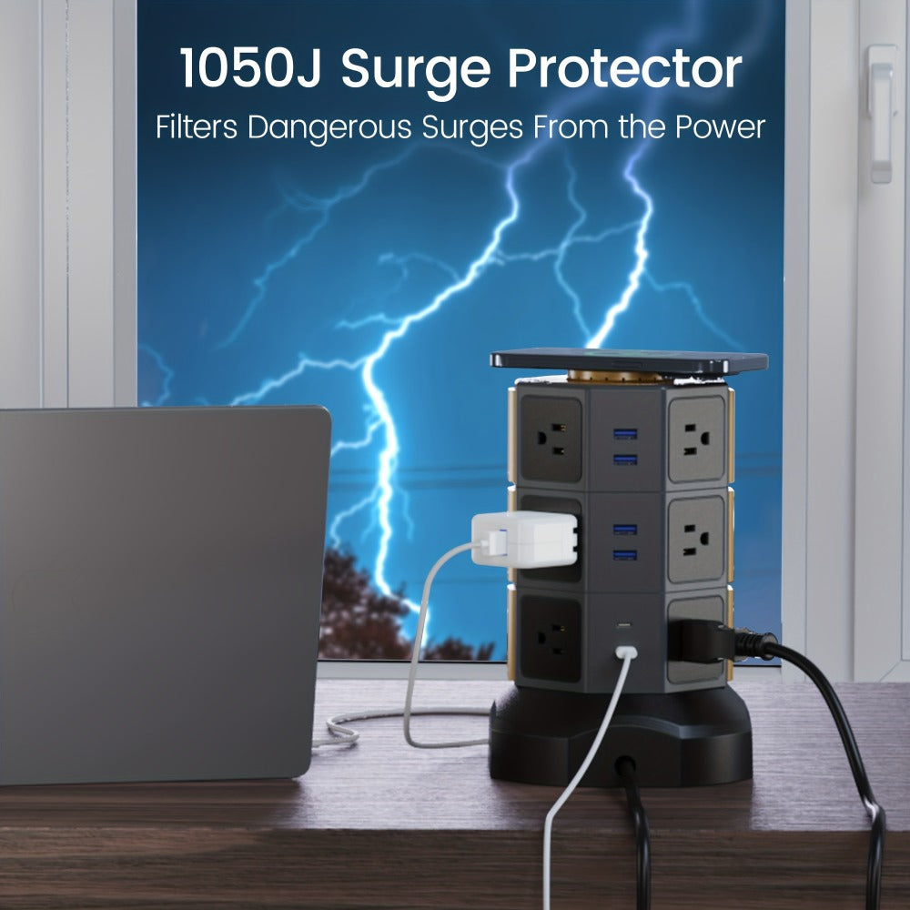 Wireless Charging Tower Power Strip 18-in-1 Surge Protector - 12 AC Outlets, 6 USB Ports (2 USB-C), 1050 Joules, 5ft Retractable Cord, Gold Desktop Charging Tower for Home Office Dorm