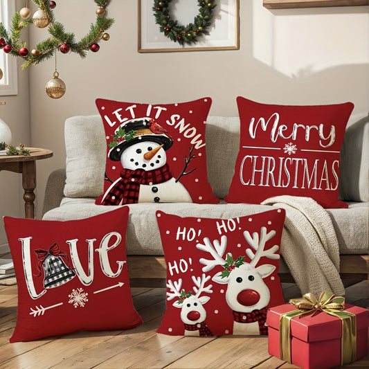 Christmas Throw Pillow Covers with Reindeer, Snowman and Buffalo Plaid, Set of 4
