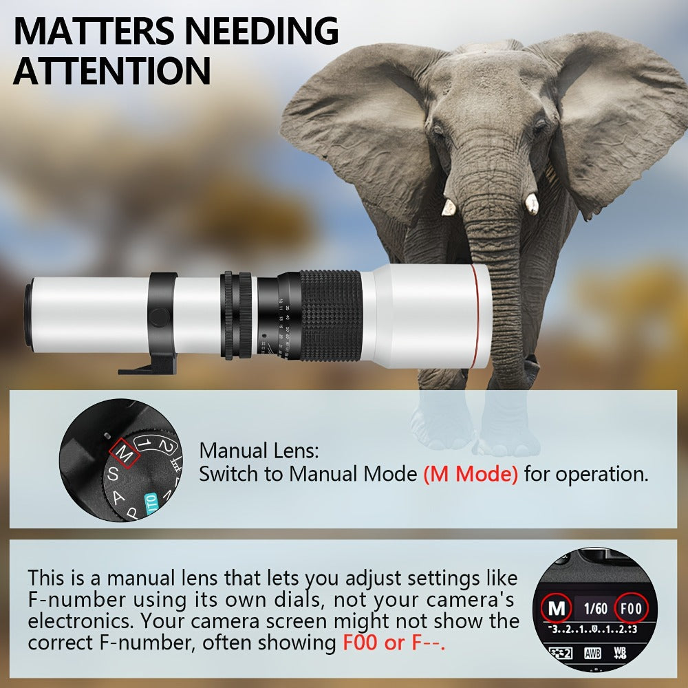 500mm F/8 Manual Focus Telephoto Lens for Canon EF & Nikon F Mount DSLR Cameras - T-Mount Zoom Lens with Adapters, Bird Wildlife Sports Photography