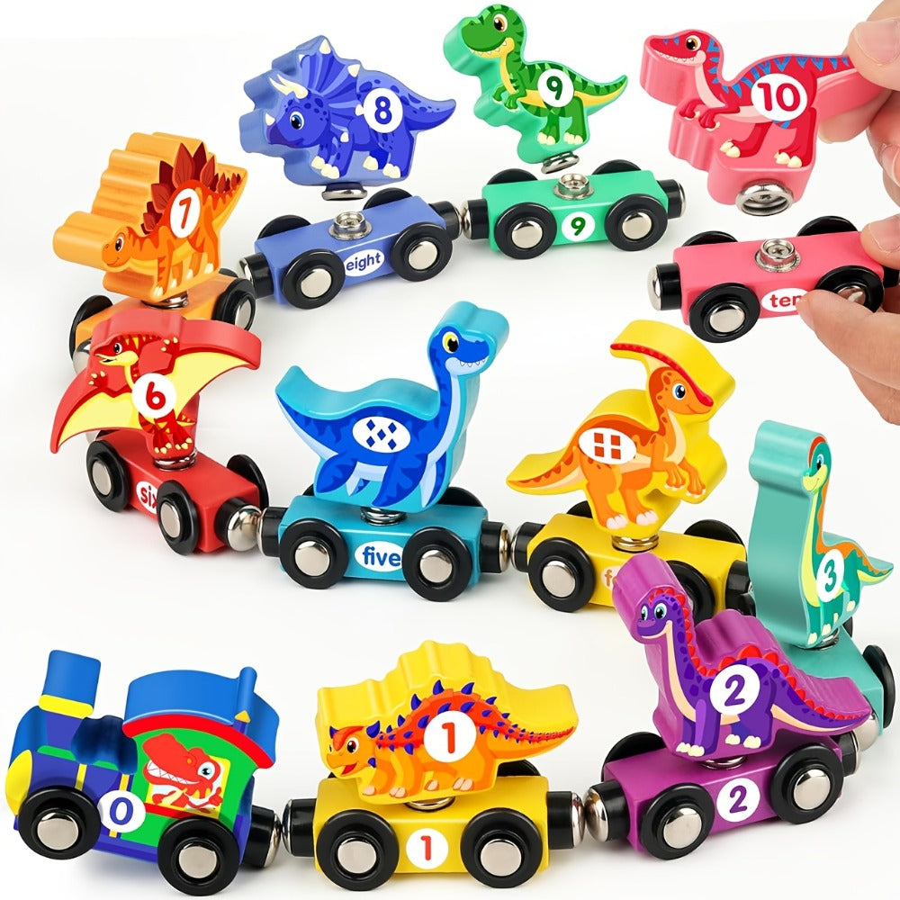 Magnetic Dinosaur Number Train – 11-Piece Wooden Train Toy with Dinosaur Engine & 10 Numbered Cars