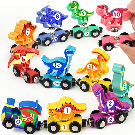 Magnetic Dinosaur Number Train – 11-Piece Wooden Train Toy with Dinosaur Engine & 10 Numbered Cars