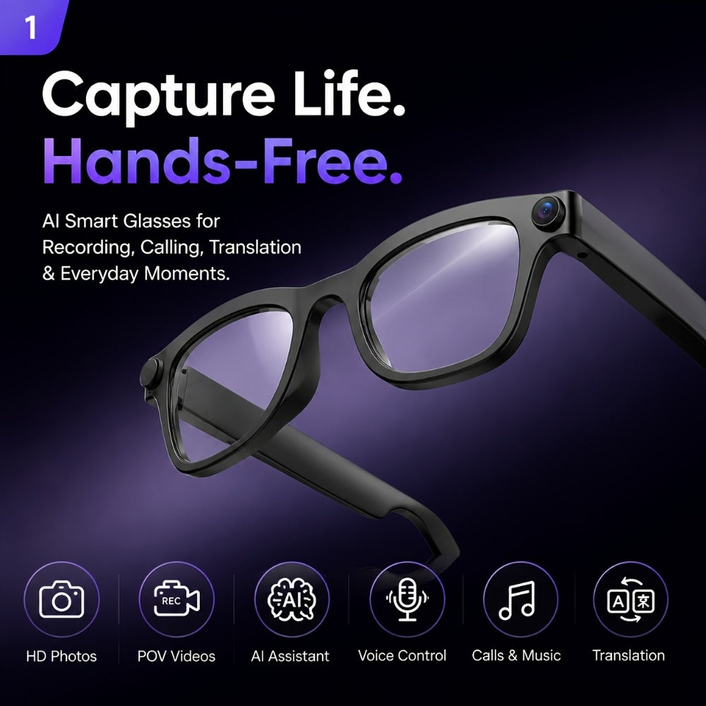 AI Smart Glasses Real-Time Voice Translation 100+ Languages - 2MP HD Camera, Bluetooth Calling & Music, Hands-Free Recording, Black & Clear Lens, Wearable Tech