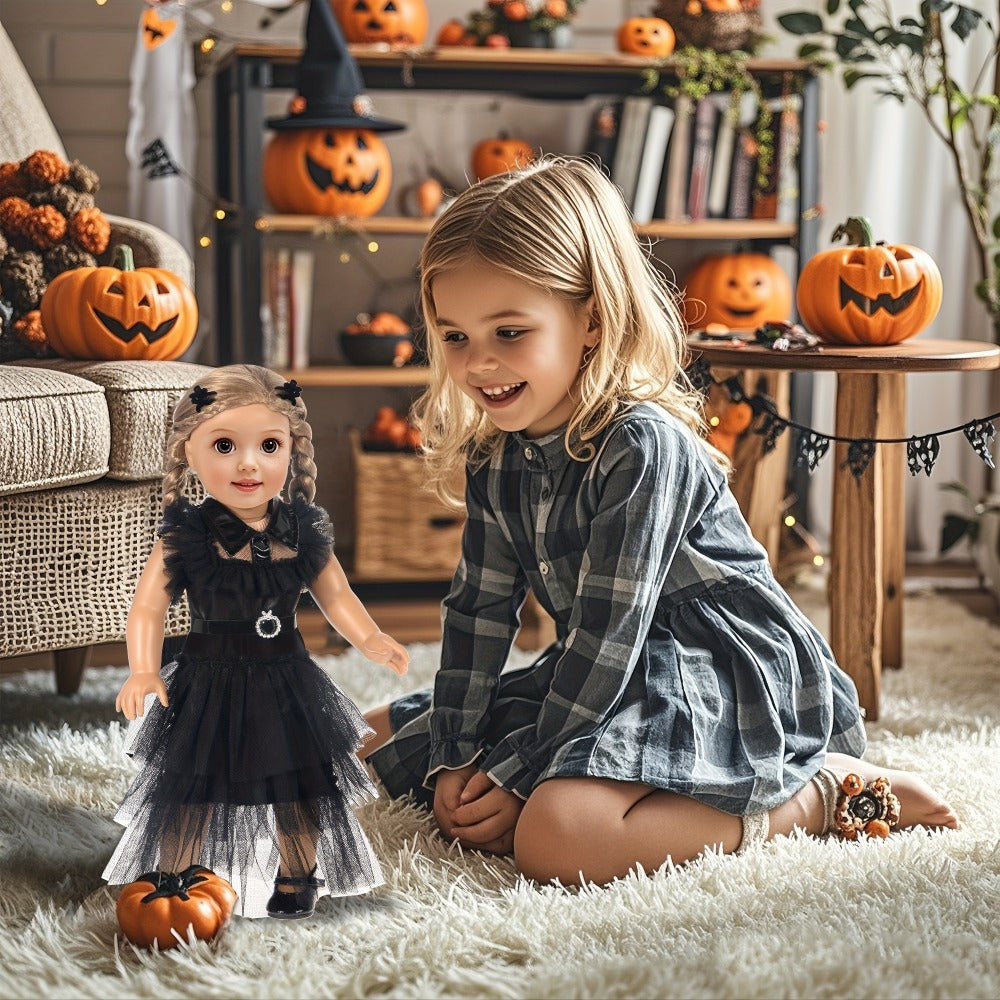 Black Tulle Halloween Dress and Bow Set for 16-18 Inch Dolls