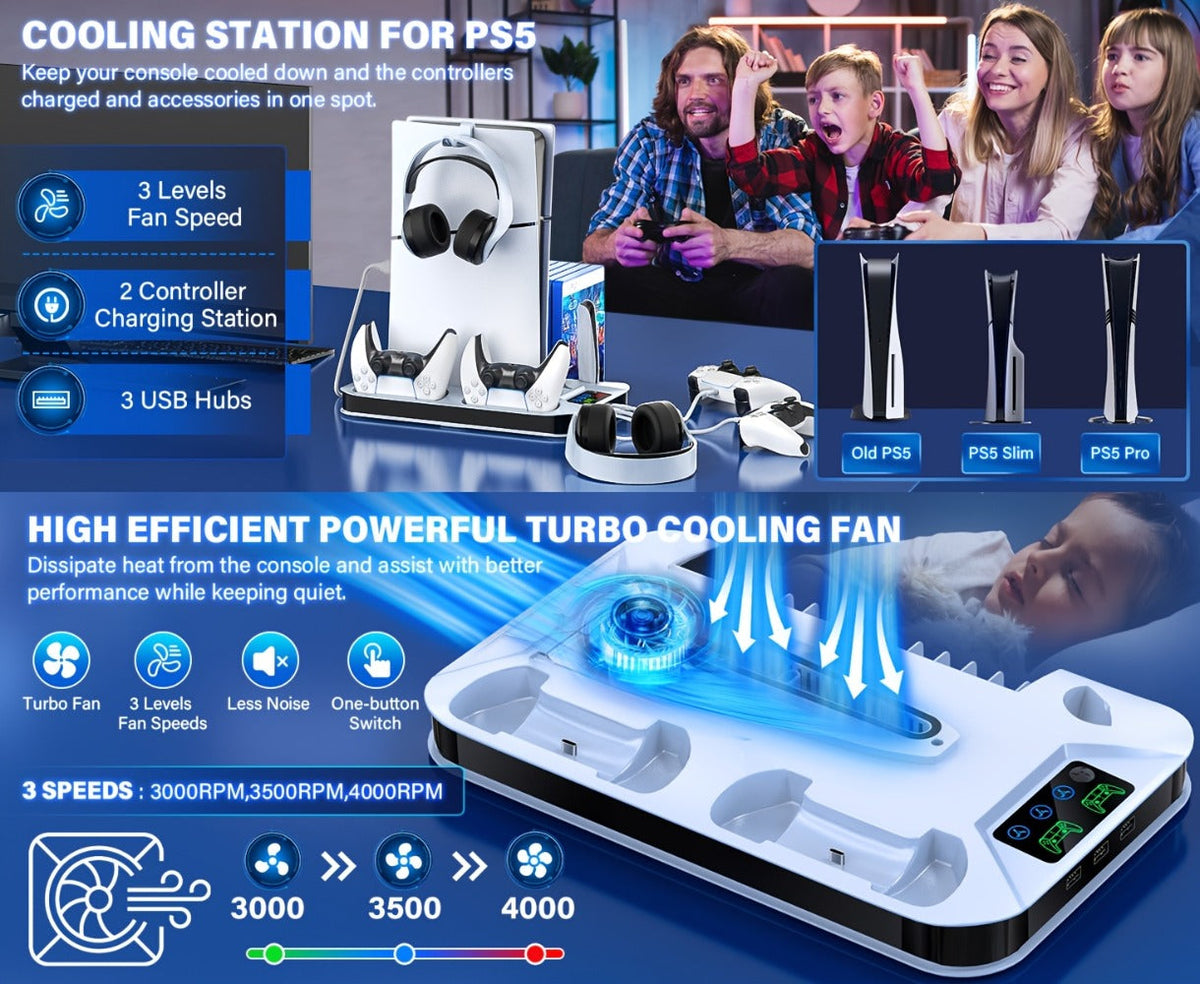 Auto Turbofan PS5 Cooling Stand with 3-Level Speed Control & Dual Controller Charger for PS5 / PS5 Slim / PS5 Pro – Charging Station for All PlayStation 5 Console Editions, Great Christmas Gift