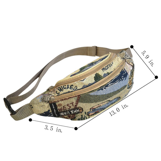 Route 66 Tapestry Waist Bag with Adjustable Strap and Zippered Front Pocket