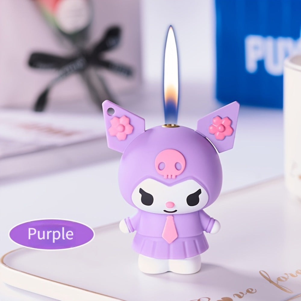 3D Kawaii Anime Figure Lighter with Chain, Cute Kuromi Sanrio Cartoon Open Flame Butane Lighter, Unique Kawaii Gift for Anime Fans, Available in 3 Colors – Black, Purple & Pink (No Butane Included)