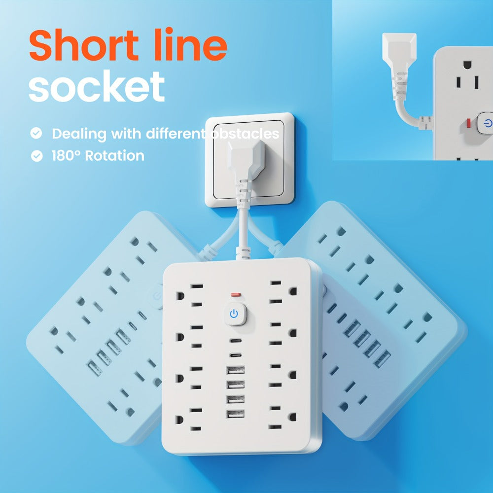 14-in-1 Power Strip with Surge Protector – 8 AC Outlets & 6 USB Ports (2 USB-C), Flat Plug Space-Saving Design, Overload Protection for Home Office School, Available in Black & White