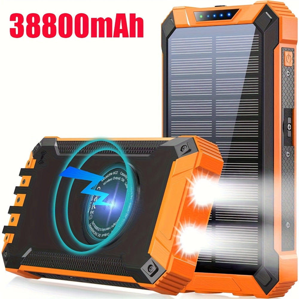 32800mAh Solar Power Bank 6 Outputs Wireless Charger – 4 Built-In Cables Dual Flashlights 15W Fast Charging, 32800 38800mAh External Battery Pack for Travel Camping GPS Emergency iPhone 17 Android