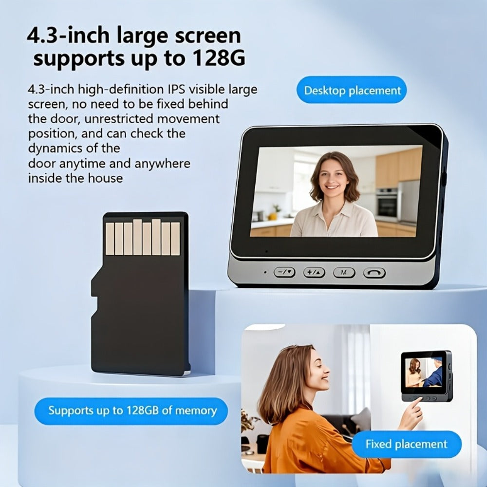 Wireless Video Doorbell Camera No WiFi No App Required 4.3-inch IPS Monitor 960P Night Vision Two-Way Audio Long Battery Life SD Card Storage No Subscription Wall-Mounted Home Security