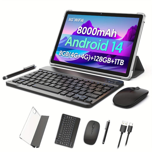 128GB Tablet Android 14 10 Inch 11 Inch 8GB RAM 8000mAh Battery Octa-Core WiFi 6 1TB Expandable 8MP Dual Camera FHD IPS Display Optional Keyboard Set – Grey & Green