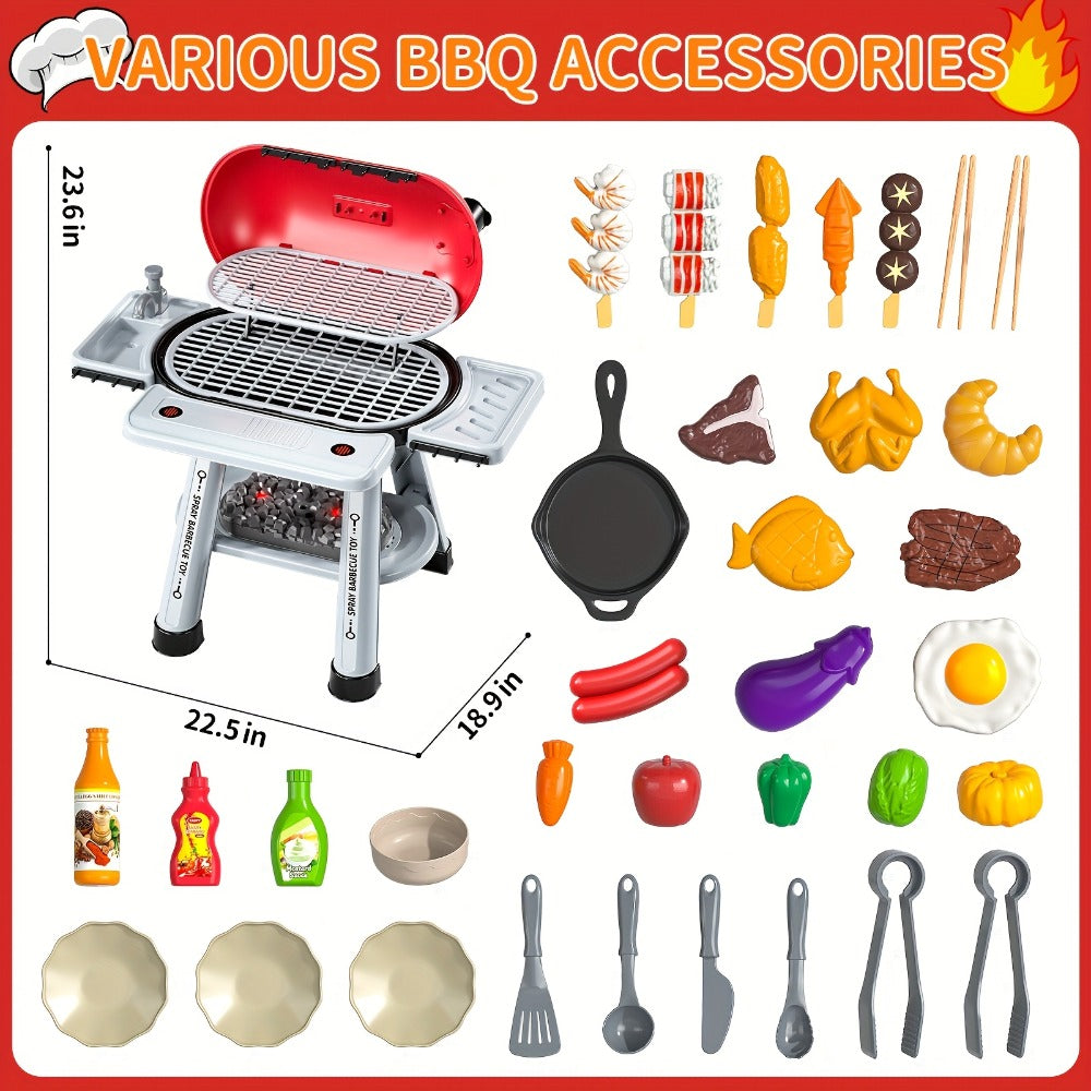 Kids BBQ Grill Playset with Two-Tier Design, Toy Food & Water Tap