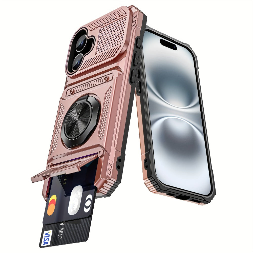 360° Metal Stand iPhone Case with Dual Card Slot Heavy Duty Shockproof Hard Shell Cover for iPhone 16 15 14 13 11 Pro Max Plus 8 7 Series – Rotating Kickstand Wallet Phone Case