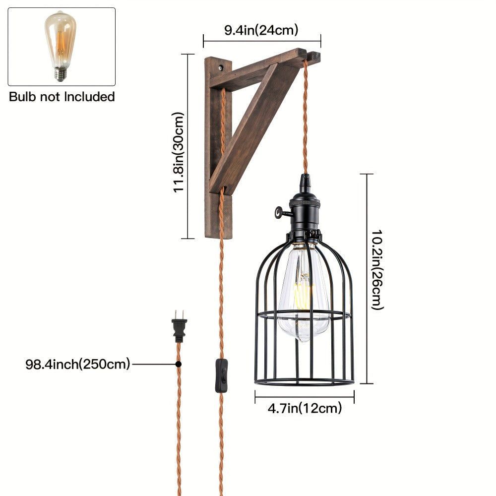 Plug In Wall Sconces Set of 2 or 1 – Rustic Farmhouse Wall Lamp with Metal Cage & Wooden Bracket, Plug-Into-Outlet Hanging Light for Bedroom, Living Room & Headboard
