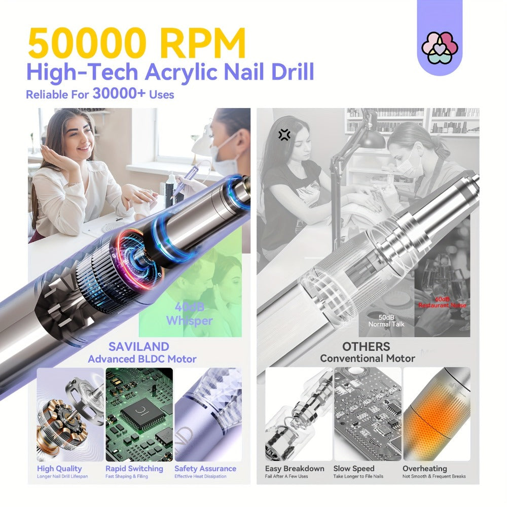 Purple Nail Drill Machine – Rechargeable Cordless Electric Nail Efile for Acrylic & Gel Nails | Professional Variable Speed Nail Drill for Manicure, Pedicure & Cuticle Care, Home & Salon Use