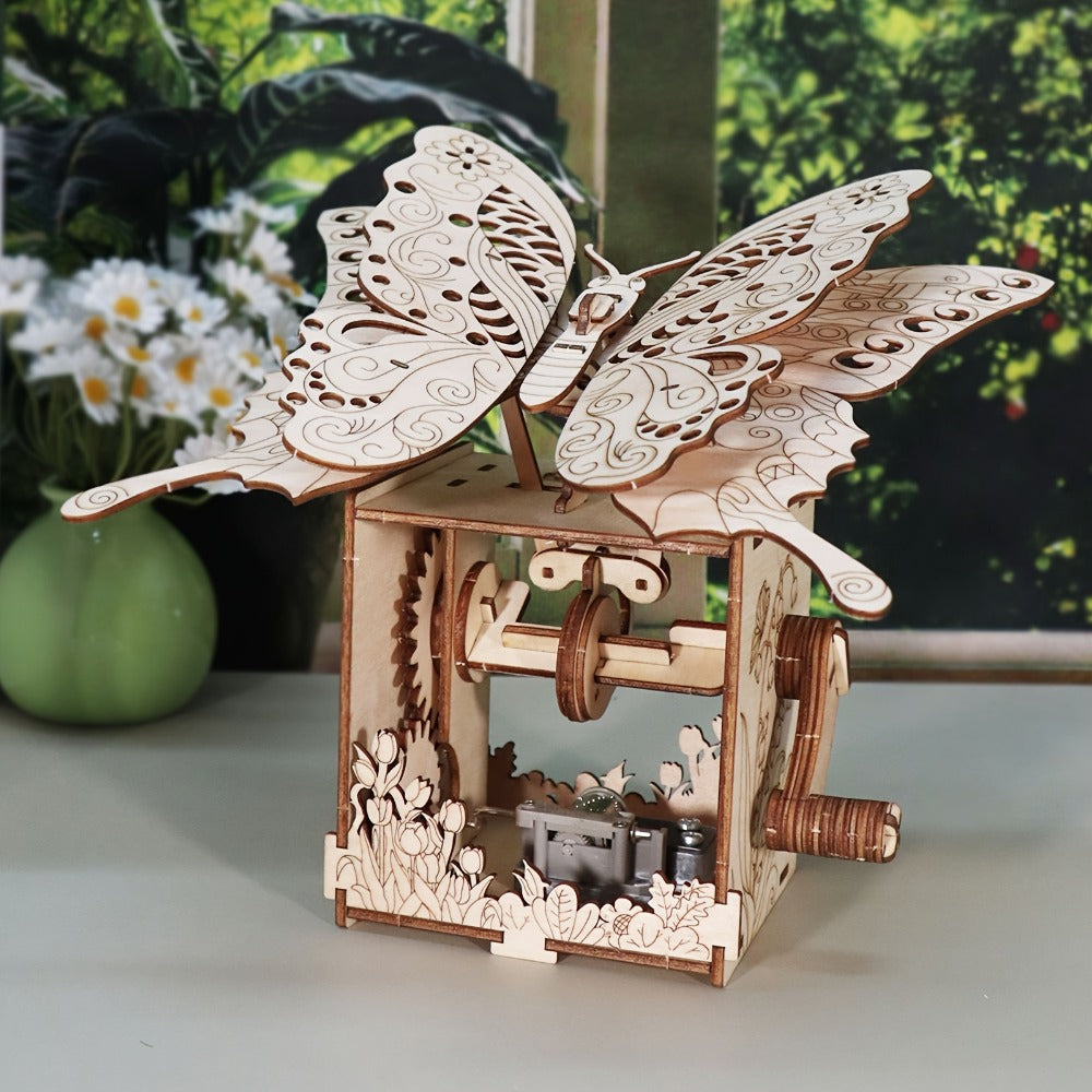 Wooden Butterfly Model Kit, Choose Color Display or Music Box Style