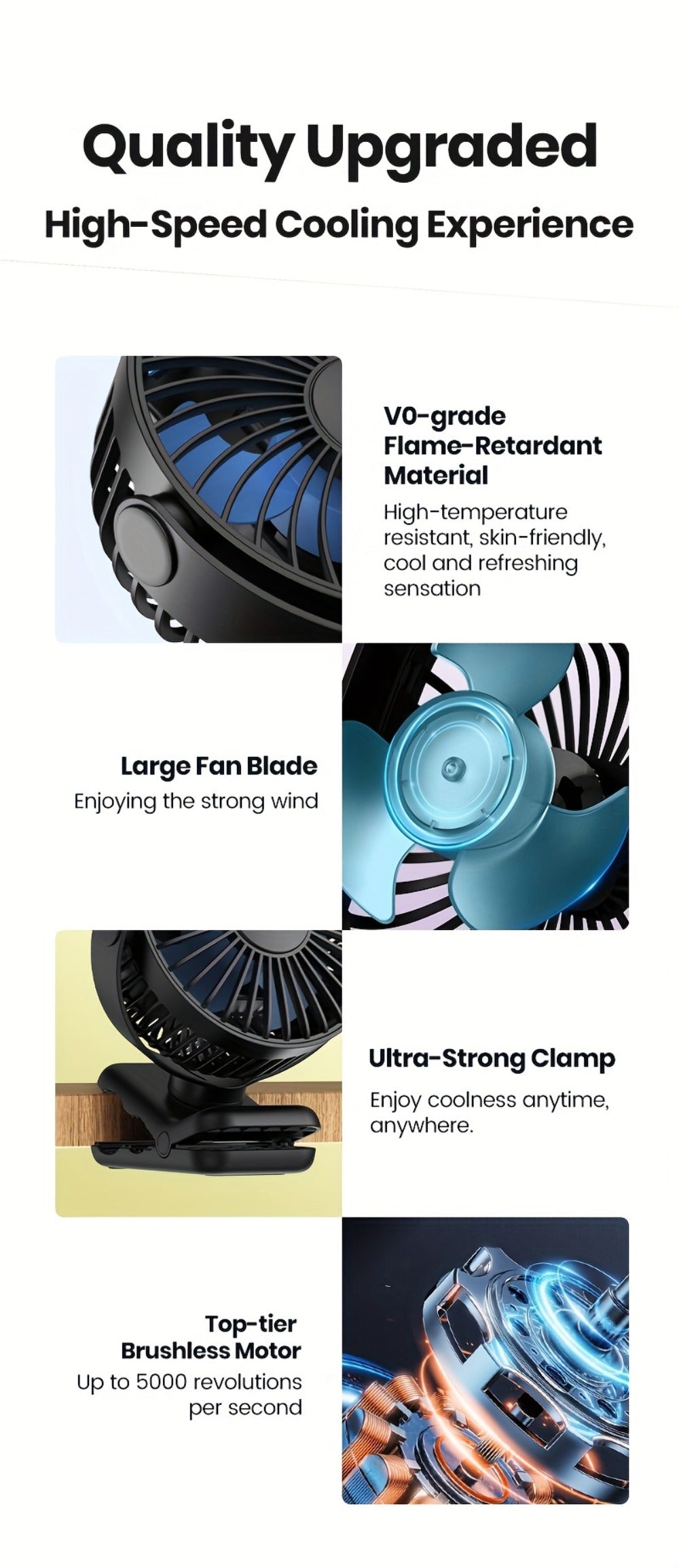 Clip on Fan USB Desk Fan, Brushless Motor Whisper Quiet Portable Mini Fan with Strong Clamp, USB Powered Personal Cooling Fan for Office Bedroom Dorm Stroller, 360° Adjustable, Black Pink