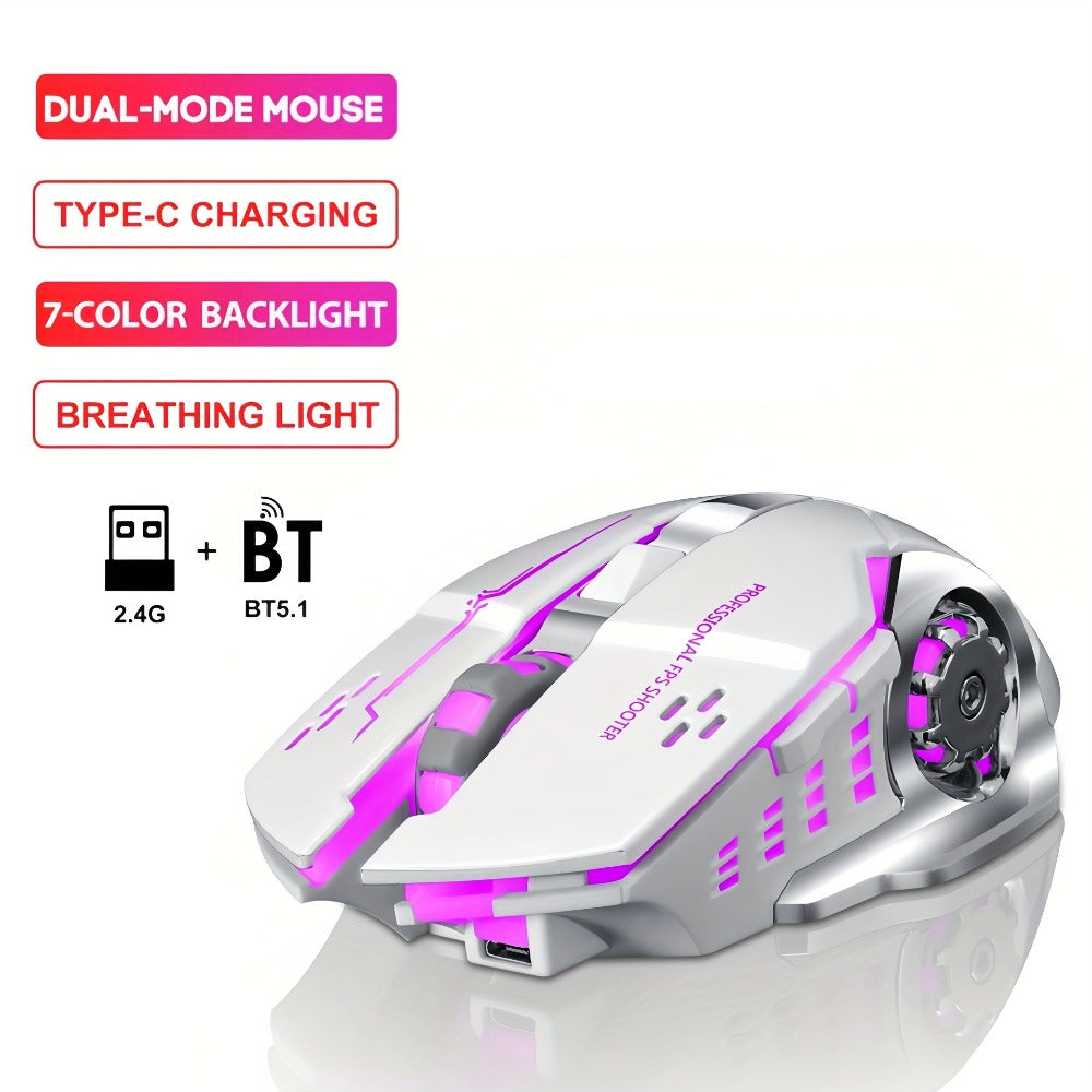 Ergonomic Silent Wireless Mouse T-WOLF Rechargeable Dual-Mode BT5.0 & 2.4G – Full-Size RGB Comfort Mouse for Work Study Gaming, Aesthetic Desk Setup, Back to School Gift for PC Laptop Mac