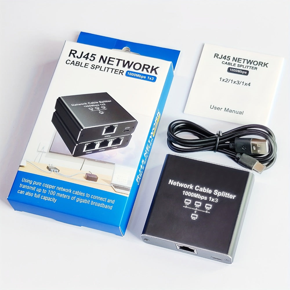 Gigabit Ethernet Splitter 1 to 3 – 1000Mbps PoE Network Splitter, 1 In 3 Out RJ45 Adapter for PC, Laptop, Router, TV, Starlink | Cat5/5e/6/7/8 Compatible, USB Powered, No Config Needed