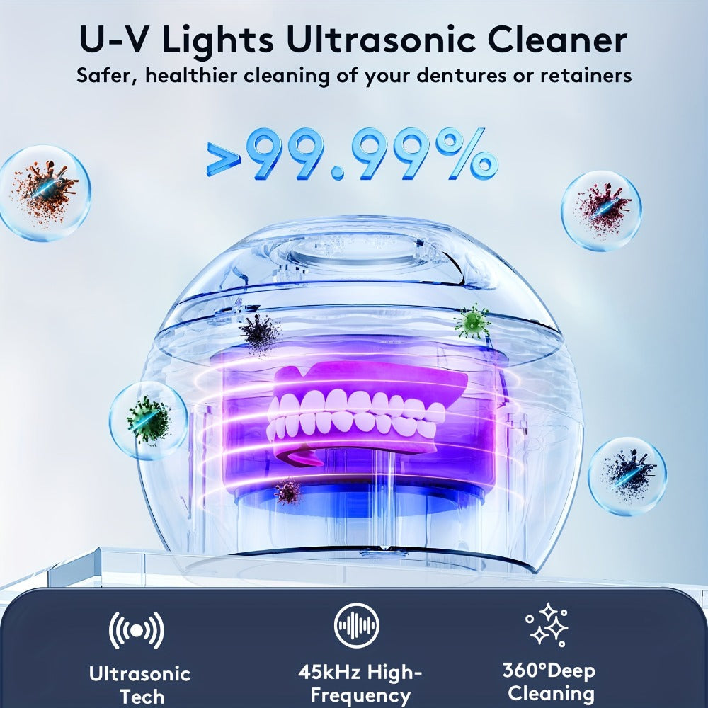 45kHz Ultrasonic Retainer Cleaner Machine with UV Sanitizer Portable Dental Cleaner for Retainers Aligners Dentures Braces Mouth Guard Jewelry 200ml Tank Chemical Free Blue Black White