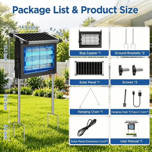 Solar Bug Zapper, 4200V Electric Grid, Auto/Manual Modes and Type-C Charging