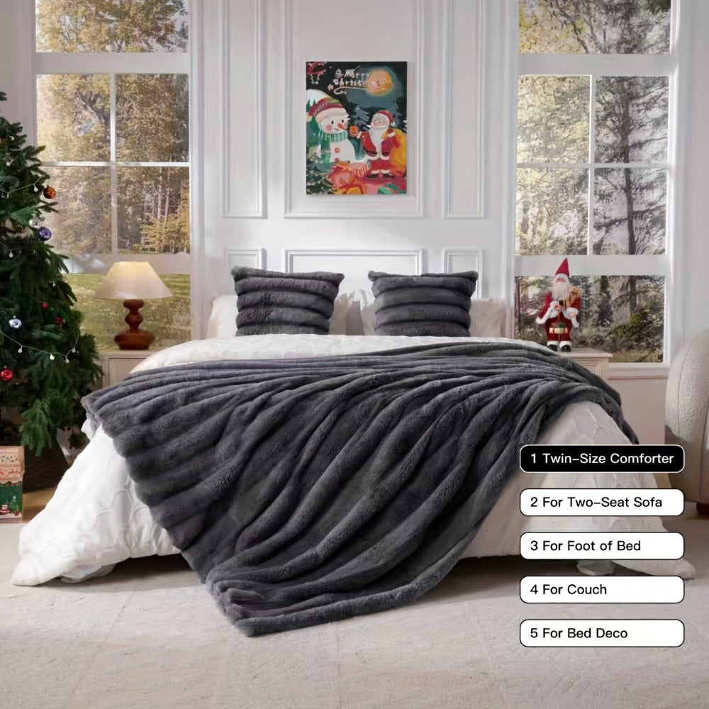 Double-Layer Faux Rabbit Fleece Blanket – 450-500gsm Thickened Soft Warm Throw for Bed, Couch & Travel, All Season, 3 Colors, 5 Sizes
