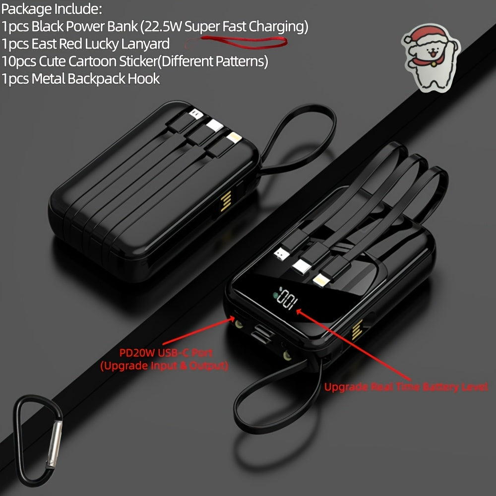 10000mAh Mini Power Bank with Built-in 4 Cables – 22.5W Super Fast Charging, LED Display, Cute Portable Charger for iPhone, Android, Samsung & Travel, Ultra-Compact Battery Pack with LED Light