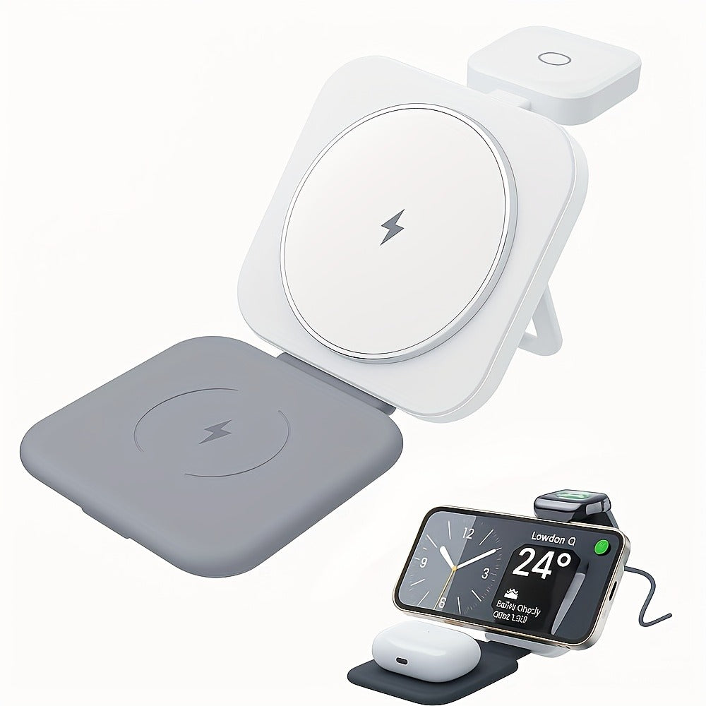 Foldable Travel 3-in-1 Wireless Charging Station 15W – Fast Charge for iPhone 17 16 15 14 13 12 Pro Max Plus, Apple Watch Ultra Series 9 8 7 6 5 4 3 2 1 SE & AirPods 4 3 2 Pro | Portable Black Charger