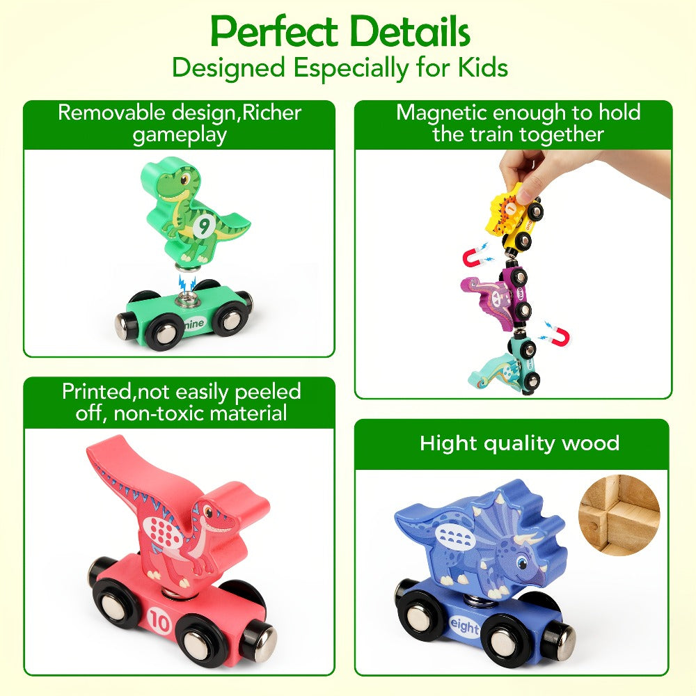 Magnetic Dinosaur Number Train – 11-Piece Wooden Train Toy with Dinosaur Engine & 10 Numbered Cars