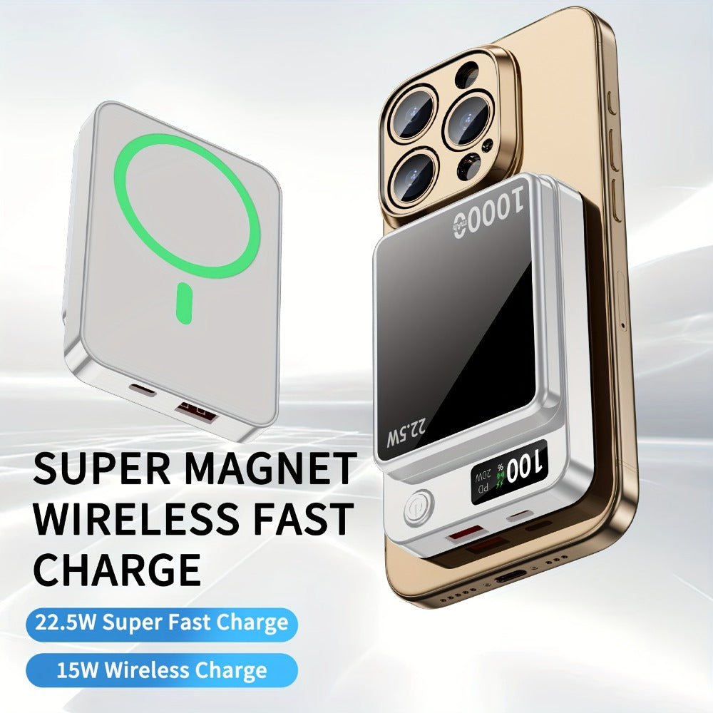 Magnetic Wireless Power Bank 10000mAh MagSafe Compatible 22.5W USB-C Fast Charging with LED Display – Portable Snap-On Battery Pack for iPhone 16 15 14 13 12 Series & Android Smartphones
