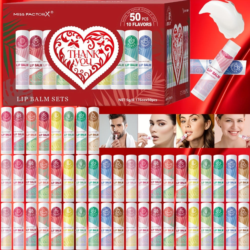 Fruit Flavored Lip Gloss Set 50 Pieces – Moisturizing Lip Balm Kit in 10 Colors, Hydrating Lip Care for Dry & Cracked Lips, Day & Night Use, Holiday Gift Set for Women & Girls