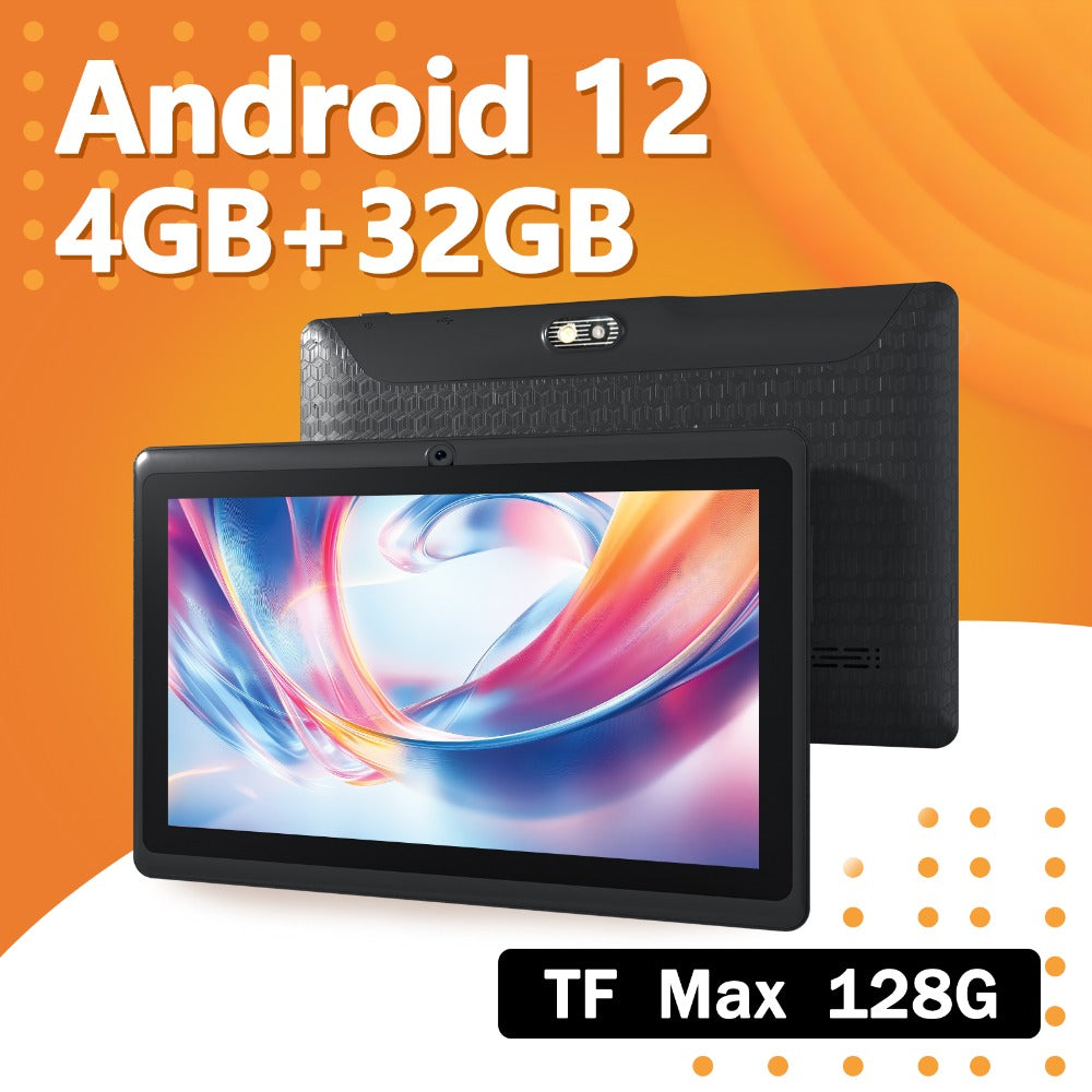 7 Inch Android 12 Tablet, 4GB RAM 32GB ROM, Quad-Core IPS Touchscreen, 4000mAh Battery, 5MP+2MP Dual Camera, Type-C – Compact Portable Tablet for Kids & Adults, Black