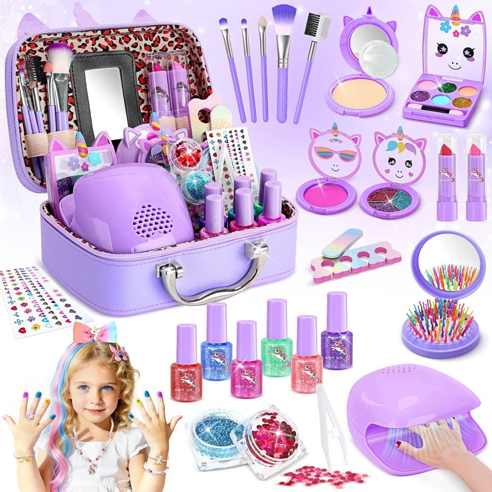 Kids Makeup Set for Girls – 2-in-1 Princess Makeup & Nail Art Kit with Mini Dryer & Accessories