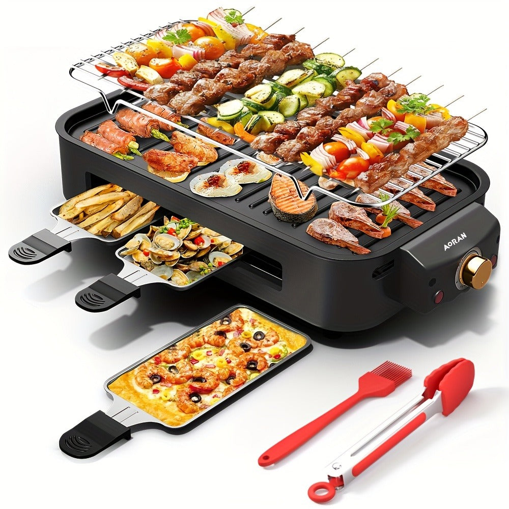 Electric BBQ Grill Indoor – 1500W Smokeless Tabletop Grill with Removable Frying Pan, Waffle Maker & Non-Stick Stainless Steel Plates, Adjustable Temperature, Perfect Christmas Housewarming Gift