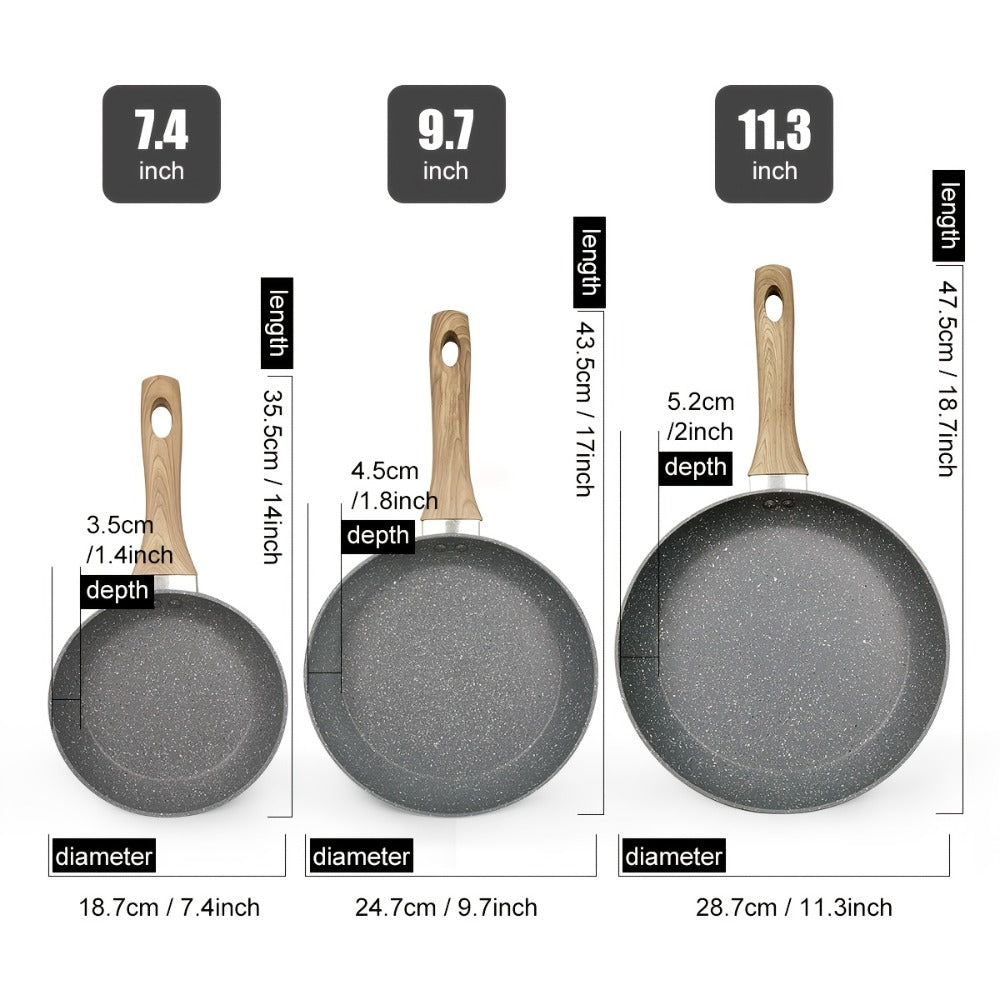 Non-Stick Frying Pan Set 3-Piece 7 9.5 11 Inch – Dishwasher Safe Skillet Set with Insulated Handle | Induction Compatible Home Kitchen Pans in Beige Grey & Black | Durable Even-Heating Cookware