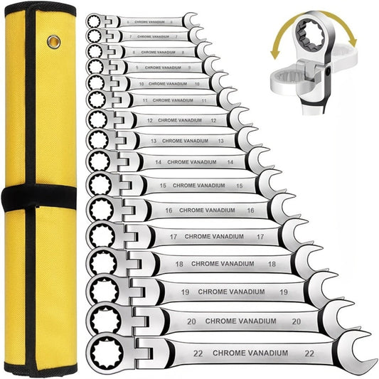 Flex Head Ratcheting Wrench Set, 16-Piece Metric 6–22 mm with 72-Tooth Ratchets