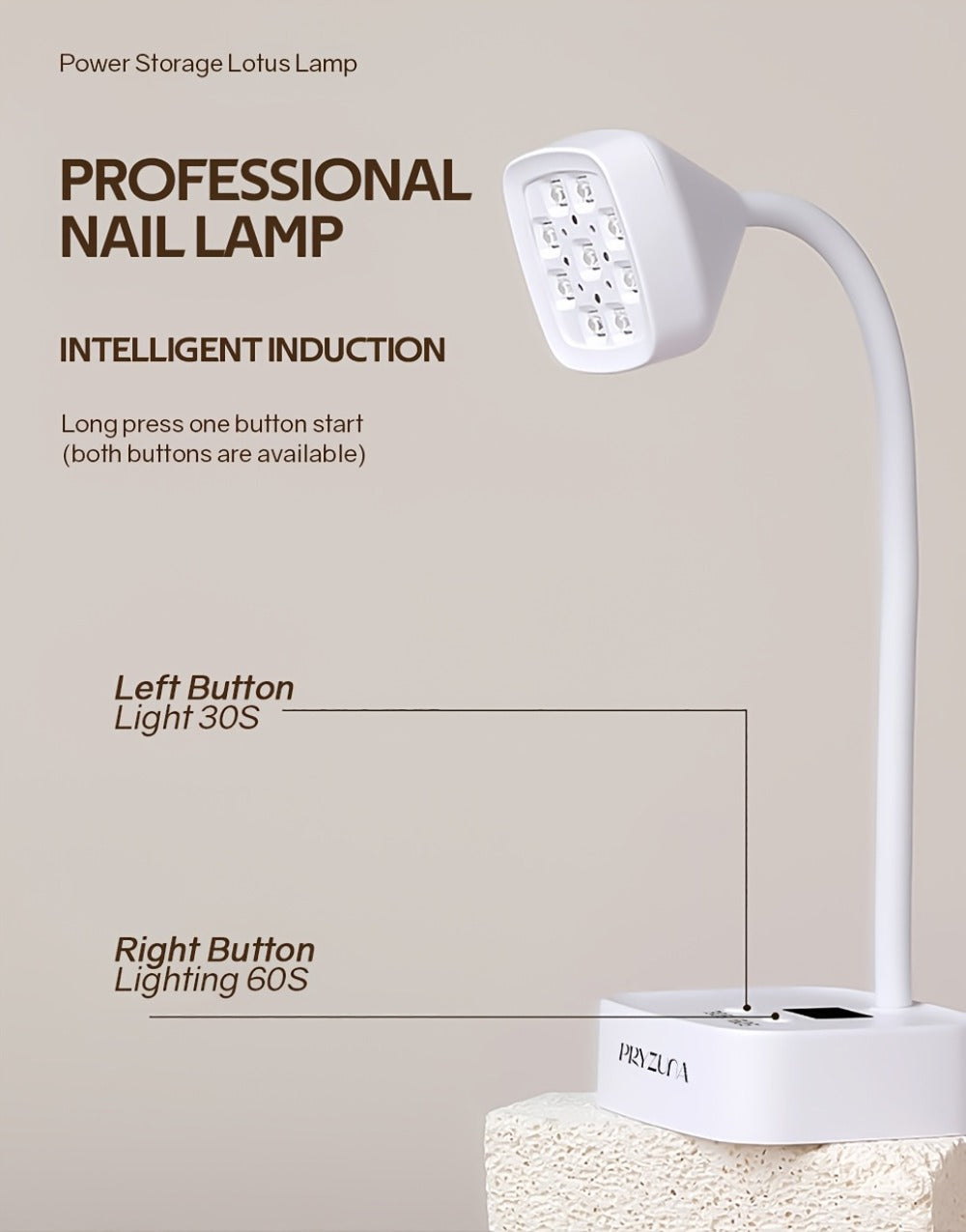 Gooseneck LED Nail Lamp 360° Flexible Portable USB Rechargeable Gel Nail Dryer Auto Sensor LCD Display 2 Timer Settings 9-Bead Dual Light Quick Dry for Home Salon Gel Polish Nail Art White