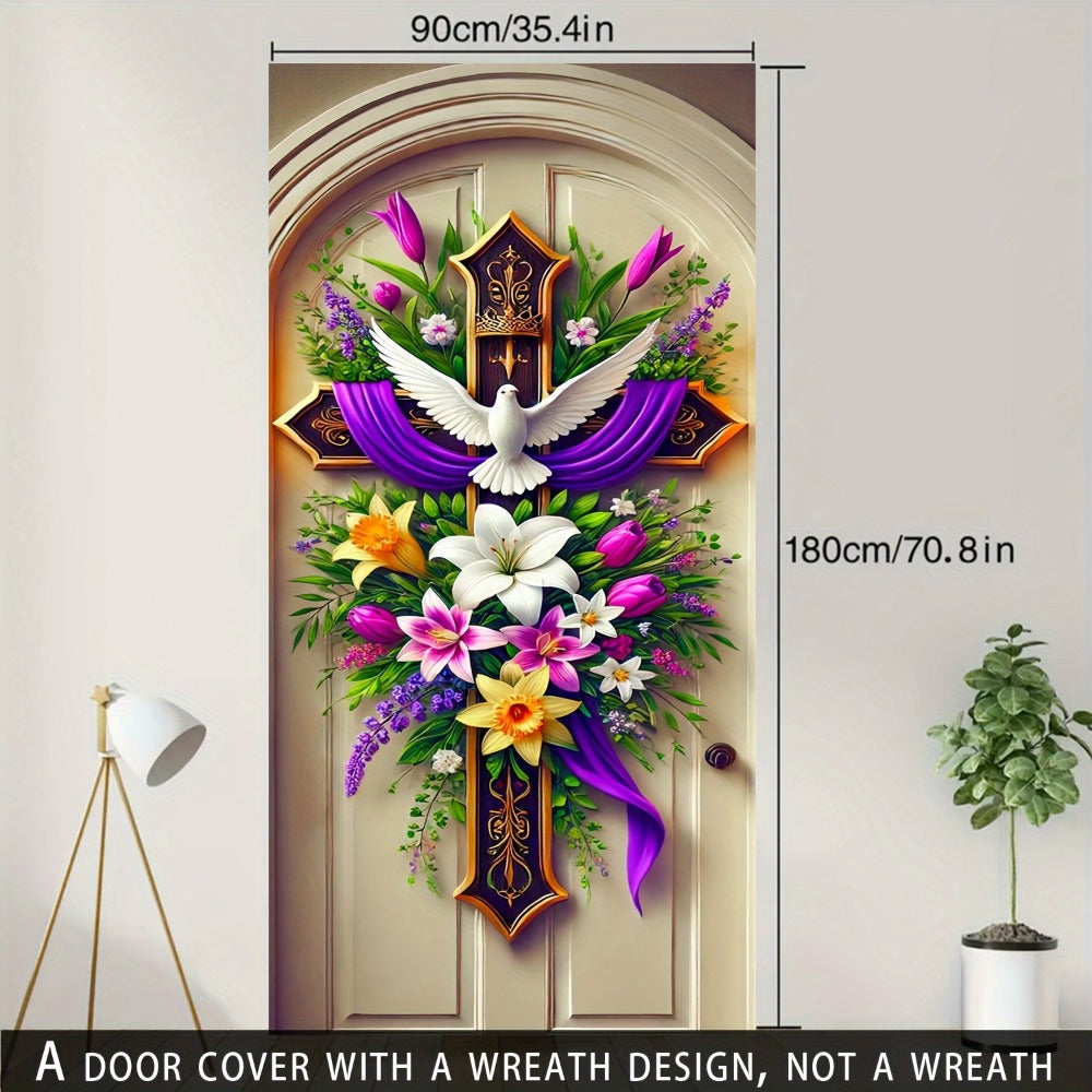 Easter Door Curtain Decoration 35.4x70.8 Inch, Colorful Spring Door Hanging with Dove Floral Cross Pattern, Polyester 2D Flat No-Power Door Curtain Set for Entrance Room Home Party Easter Decor