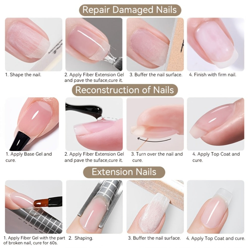 Nail Extension Builder Gel 3pcs - Fiberglass Construction Gel for Broken Nail Repair & Nail Extension, Clear UV LED Soak-Off Fiber Glass Gel Varnish, DIY Salon Nail Kit