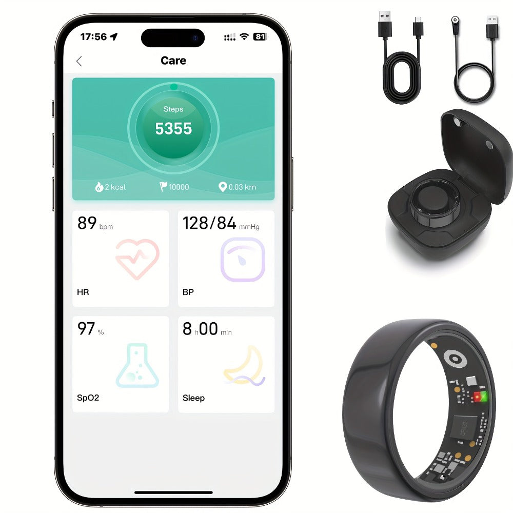 Smart Ring with Health Tracking & Charging Case – Step Count Calorie & Sleep Monitor | Long Battery | iOS & Android | Sizes #7–13 | Black Silver Gold | Minimalist Fitness Wearable Gift