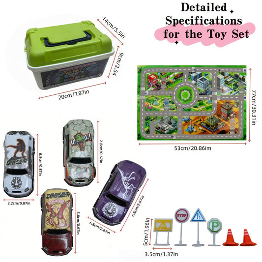 Dinosaur Toy Car Set – Mini Pull Back Cars with Dinosaur Figures & 30.3 x 20.9 in City Traffic Map