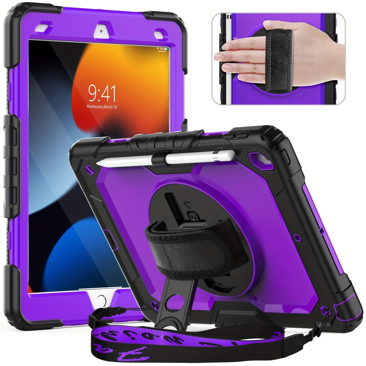 iPad 9th 8th 7th Generation Case 10.2 Inch Heavy Duty with Screen Protector, Hand & Shoulder Strap, 360° Rotating Stand, Pencil Holder – Full Body Protection for iPad 7/8/9 Gen, Black