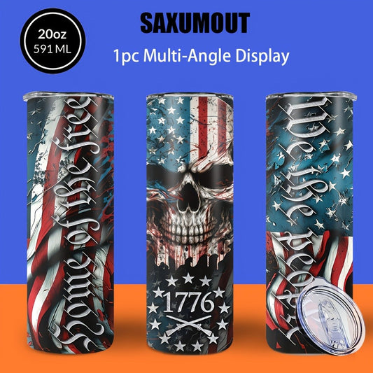 Insulated Skull Tumbler, 20 oz Blue Patriotic Design with Lid and Straw