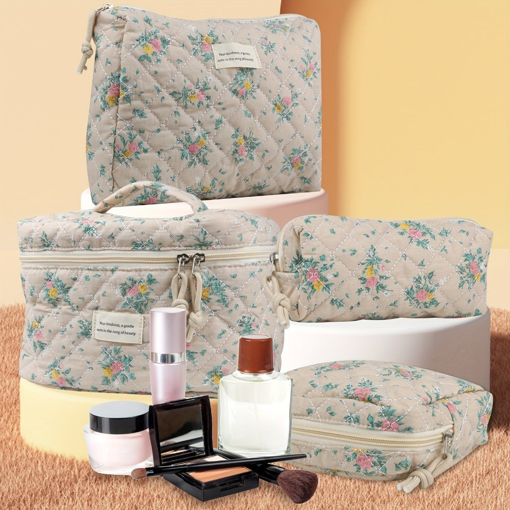 Quilted Makeup Bag Set 4-Piece Floral Rose Coquette Aesthetic Premium Cotton Cosmetic Organizer Travel Toiletry Pouch 4 Sizes for Women Girls Vanity Bathroom Gift